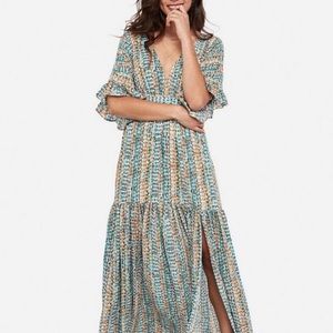 EXPRESS x ROCKY BARNES PRINTED RUFFLE MAXI DRESS SIZE XS